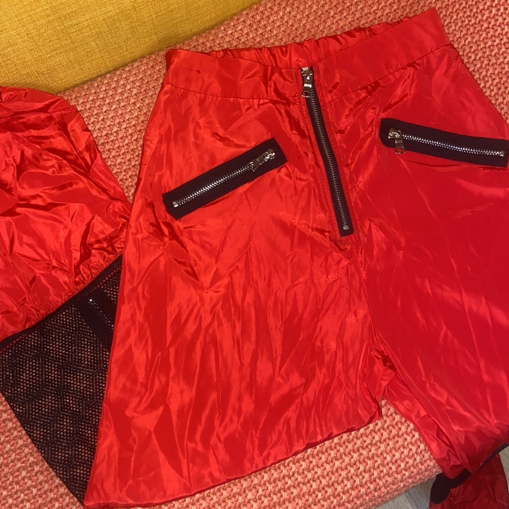 Red High Waisted Windbreaker Pants with Mesh / Zipper Knees